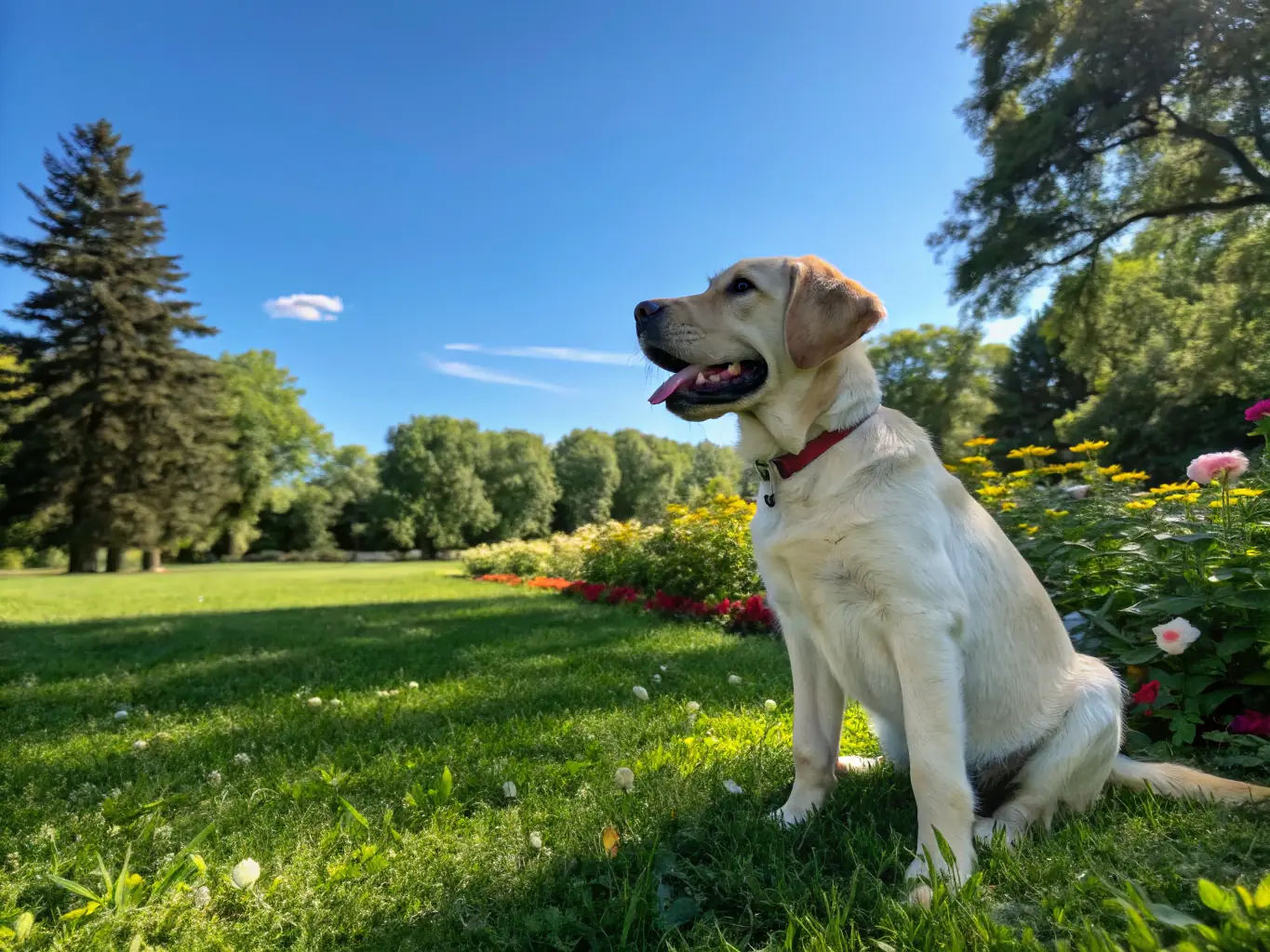 A joyful rescued Labrador playing in a sunny Atlanta backyard with a family, symbolizing a successful adoption and a new beginning, used to illustrate the impact of donations on real dogs’ lives.