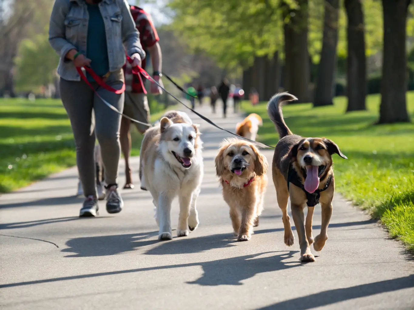 A group of Atlanta Lab Rescue volunteers walking several Labradors in a local park, all smiling and engaged, representing the community and volunteer spirit fostered by donations.