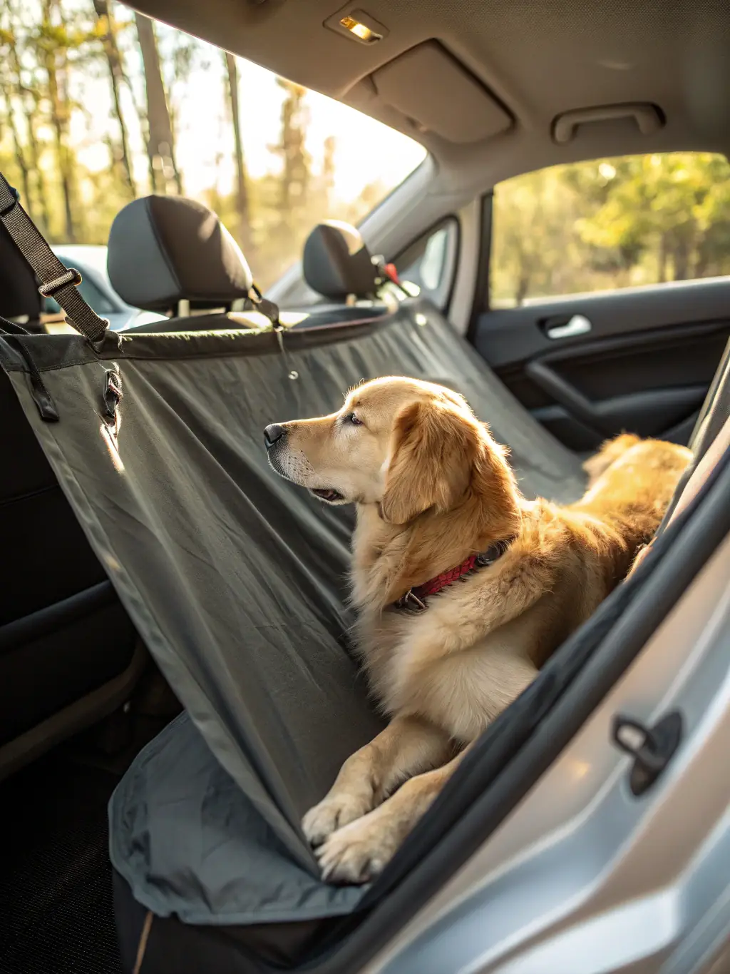 A car with a happy Labrador Retriever looking out the window, symbolizing the transport volunteers who help move dogs to appointments and events for Atlanta Lab Rescue.