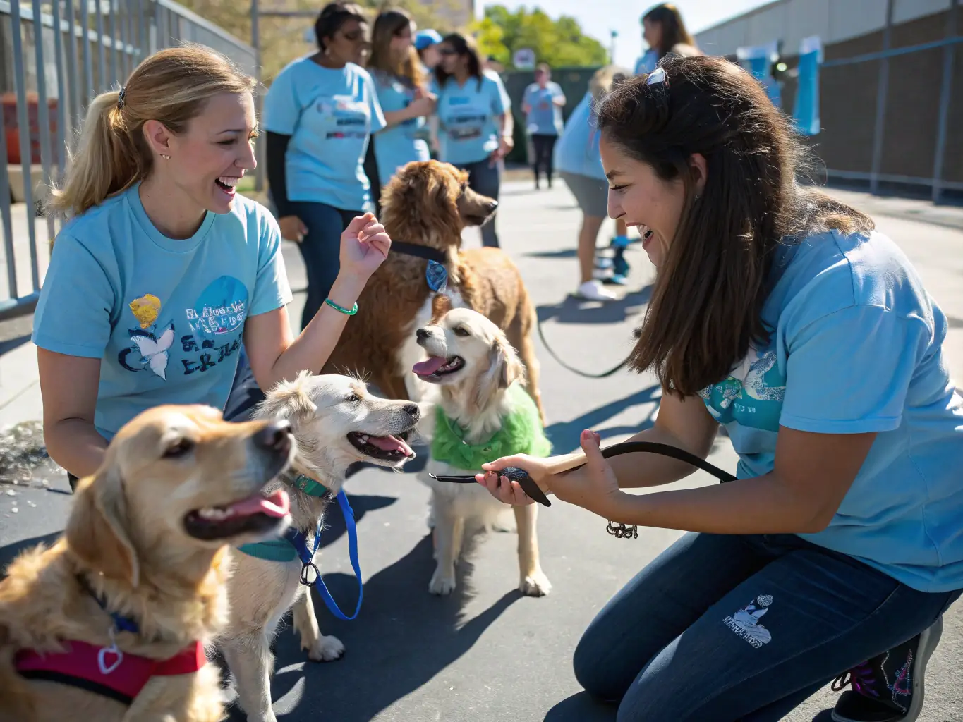 A group of smiling volunteers interacting with dogs at an Atlanta Lab Rescue event, emphasizing the sense of community and shared passion for animal welfare.