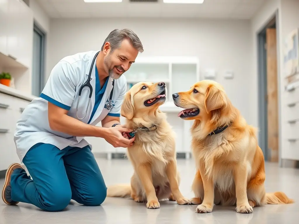 A veterinarian gently examining a rescued Labrador in a bright, welcoming clinic, showing the medical attention and care made possible by donor support, used to highlight the importance of health funding.