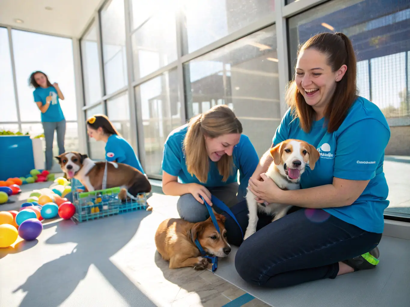 An image showcasing various volunteer activities at Atlanta Lab Rescue, such as dog walking, event assistance, and administrative tasks, highlighting the flexibility of volunteer roles.