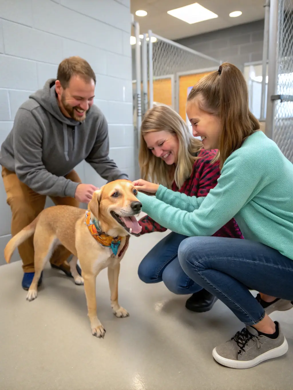 A volunteer conducting a home visit, smiling and talking with a potential adopter in their living room, ensuring a safe and loving environment for a rescued Labrador.